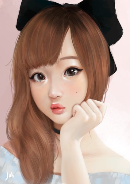 Anime picture 1191x1684 with real life metta coraima jubi (regiana) single long hair tall image looking at viewer fringe brown hair signed blunt bangs black eyes realistic mole lipstick portrait pink lipstick chin rest girl bow