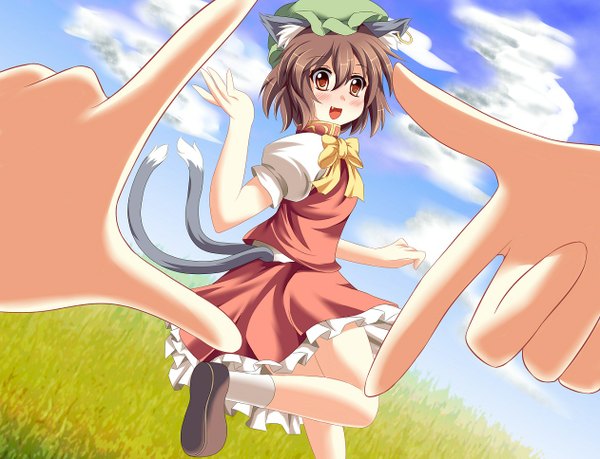Anime picture 1262x967 with touhou chen kmkm9696 blush short hair open mouth red eyes brown hair animal ears cat ears teeth cat girl cat tail fang (fangs) multiple tails girl skirt socks white socks bonnet