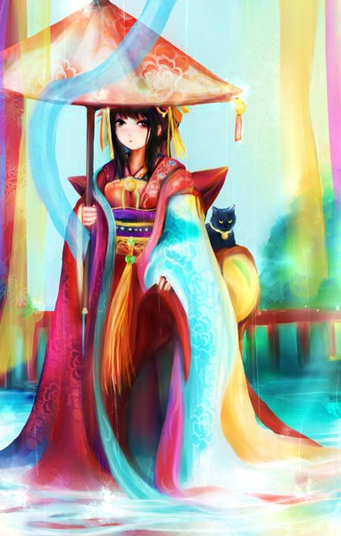 Anime picture 1400x2200 with original zhang xiao bo single tall image looking at viewer short hair black hair red eyes traditional clothes japanese clothes girl kimono umbrella obi cat