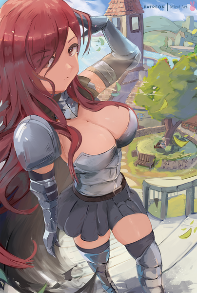 Anime picture 900x1337 with fairy tail erza scarlet miraihikariart single long hair tall image looking at viewer fringe breasts light erotic red eyes large breasts signed payot cleavage outdoors red hair pleated skirt arm up from above