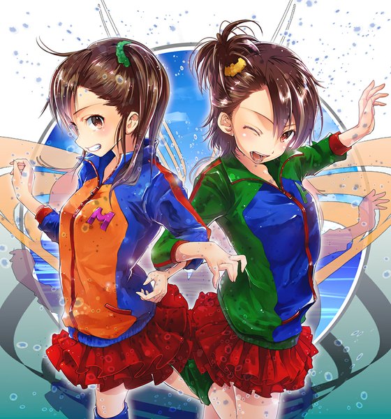 Anime picture 1107x1185 with idolmaster idolmaster (classic) futami mami futami ami yae (mono110) long hair tall image blush open mouth smile red eyes brown hair multiple girls ponytail one eye closed wink side ponytail twins girl skirt