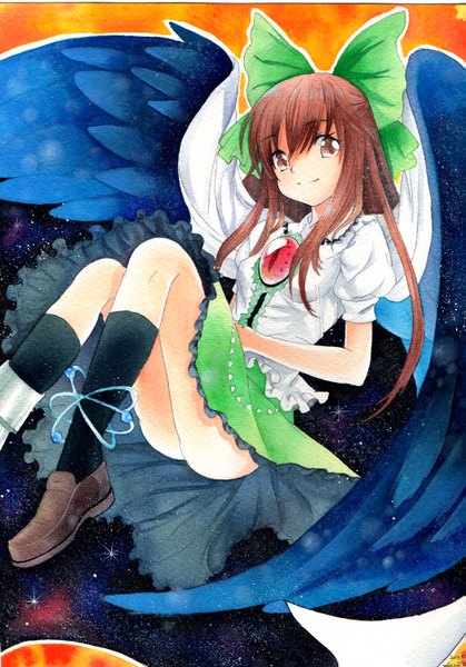 Anime picture 1047x1500 with touhou reiuji utsuho mosho single long hair tall image light erotic smile brown hair signed looking away traditional media watercolor (medium) starry sky print space print girl bow hair bow wings socks