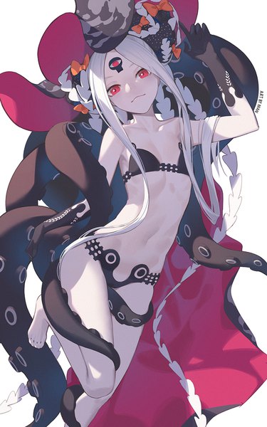 Anime picture 750x1200 with fate (series) fate/grand order abigail williams (fate) abigail williams (swimsuit foreigner) (fate) nian (zhanian) single long hair tall image looking at viewer blush light erotic simple background red eyes standing white background signed silver hair bent knee (knees) head tilt barefoot