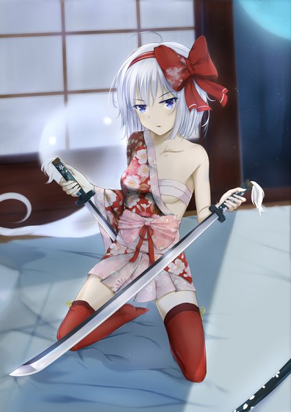 Anime picture 1938x2740 with touhou konpaku youmu myon flan (seeyouflan) single tall image looking at viewer highres short hair breasts blue eyes light erotic holding ahoge white hair traditional clothes japanese clothes off shoulder no shoes kneeling