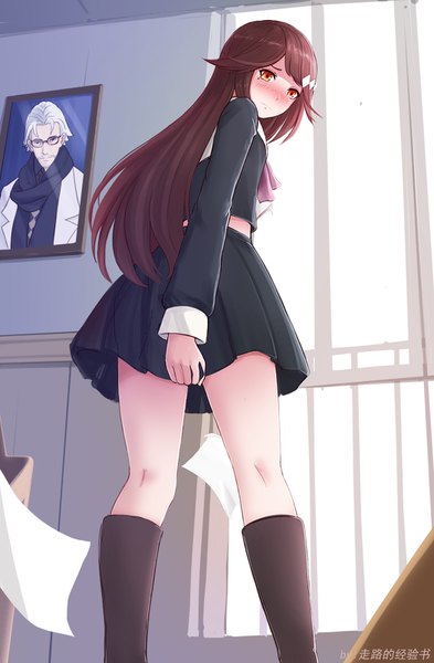 Anime picture 1050x1600 with forever 7th capital antoneva zoulu de jingyan shu single long hair tall image looking at viewer blush fringe brown hair signed indoors long sleeves pleated skirt looking back from behind mole from below orange eyes mole under eye