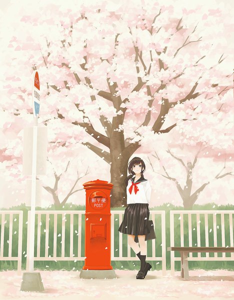 Anime picture 1500x1920 with original craft-cs single long hair tall image blush fringe smile brown hair standing twintails holding brown eyes payot full body outdoors low twintails cherry blossoms standing on one leg looking up