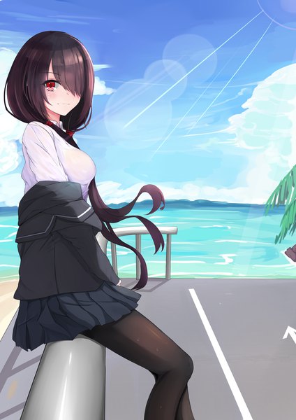 Anime picture 2480x3507 with date a live tokisaki kurumi amen single long hair tall image looking at viewer fringe highres black hair red eyes sitting twintails sky cloud (clouds) bent knee (knees) outdoors pleated skirt sunlight hair over one eye