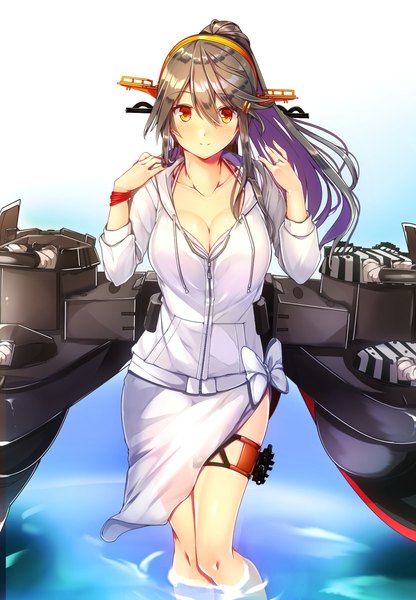 Anime picture 1420x2049 with kantai collection haruna battleship tsukui kachou single long hair tall image looking at viewer fringe breasts light erotic smile hair between eyes red eyes brown hair large breasts standing payot cleavage bent knee (knees) ponytail