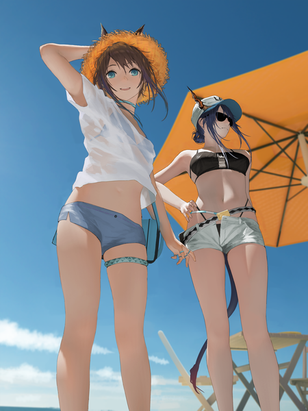 Anime picture 4500x6000 with arknights amiya (arknights) ch'en (arknights) female tourist c (arknights) tacshojosora tall image looking at viewer fringe highres short hair breasts open mouth blue eyes light erotic smile brown hair standing multiple girls animal ears blue hair