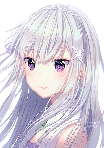 Anime picture 650x922 with re:zero kara hajimeru isekai seikatsu white fox emilia (re:zero) rosuuri single long hair tall image blush fringe simple background smile white background purple eyes signed looking away silver hair portrait girl ribbon (ribbons) hair ribbon