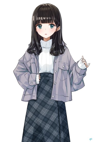Anime picture 3290x4862 with original takenoko no you single long hair tall image looking at viewer fringe highres black hair simple background standing white background green eyes absurdres blunt bangs long sleeves open jacket sleeves past wrists plaid skirt girl
