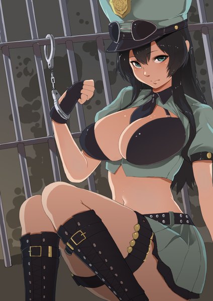 Anime picture 2480x3508 with league of legends caitlyn (league of legends) officer caitlyn 1235 single long hair tall image looking at viewer blush highres breasts light erotic black hair bent knee (knees) aqua eyes bare belly huge breasts girl skirt gloves