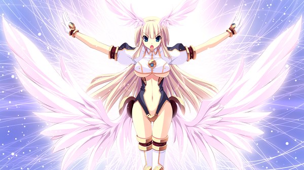 Anime picture 1024x576 with kouyoku no soleil skyfish (studio) long hair breasts open mouth blue eyes light erotic blonde hair wide image large breasts game cg head wings girl gloves navel wings
