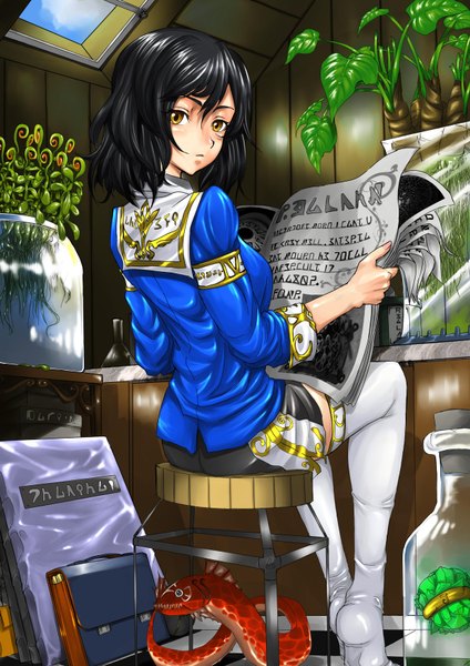 Anime picture 2480x3508 with original realmbw single tall image highres short hair black hair sitting yellow eyes looking back girl thighhighs plant (plants) white thighhighs bag