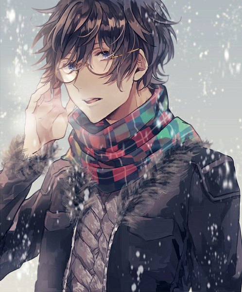 Anime picture 685x825 with original ailm single tall image looking at viewer fringe short hair open mouth blue eyes brown hair exhalation steam boy uniform school uniform glasses winter clothes