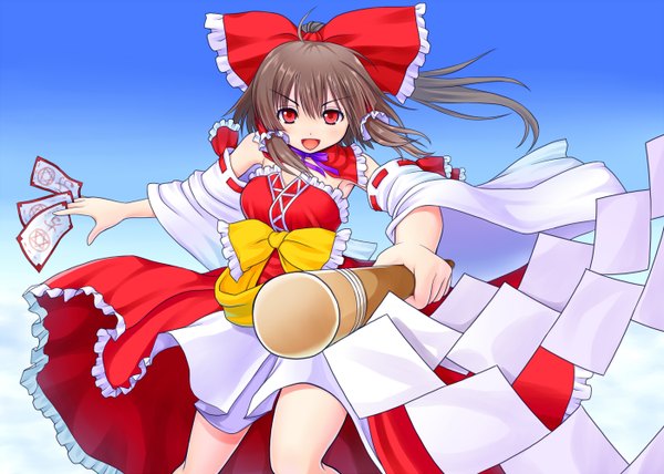 Anime picture 1400x1000 with touhou hakurei reimu asamura hiori single long hair open mouth red eyes brown hair miko girl bow hair bow detached sleeves gohei ofuda