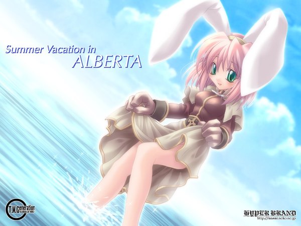 Anime picture 1280x960 with ragnarok online summer vacation acolyte (ragnarok online) ishihara masumi single looking at viewer short hair open mouth green eyes pink hair sky cloud (clouds) dutch angle bunny ears legs girl sea