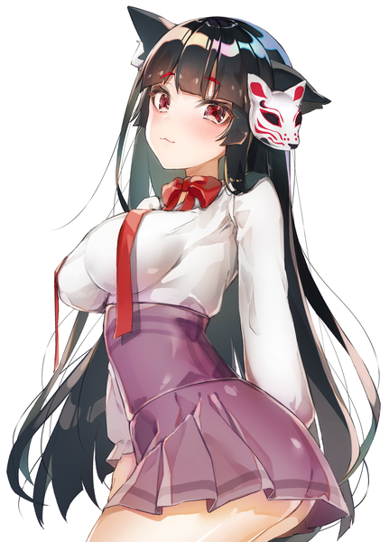 Anime picture 2529x3520 with azur lane yamashiro (azur lane) yayoichi (yoruyoru108) single long hair tall image looking at viewer highres breasts light erotic black hair simple background red eyes large breasts white background animal ears ass alternate costume mask on head impossible clothes