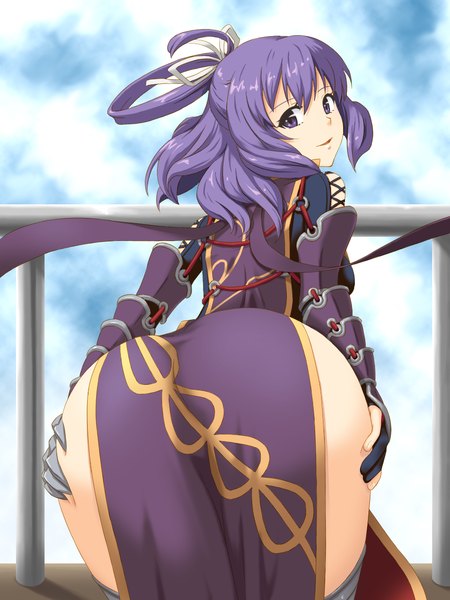 Anime picture 960x1280 with eiyuu densetsu rixia mao beesama hou (hachiyou) single long hair tall image light erotic purple eyes sky purple hair cloud (clouds) ass looking back light smile from behind girl gloves ribbon (ribbons) hair ribbon
