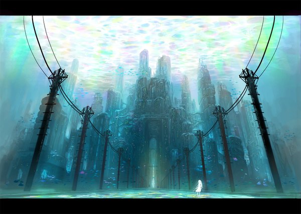 Anime picture 1600x1136 with original denki long hair city letterboxed underwater landscape silhouette girl water fish (fishes) castle power lines