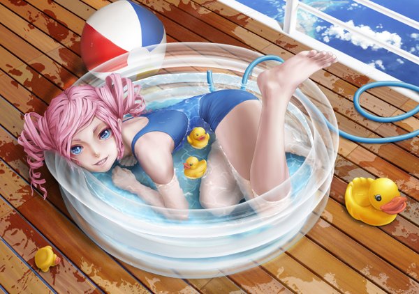 Anime picture 2480x1748 with pi (pppppchang) single long hair highres blue eyes smile pink hair barefoot realistic grin drill hair soles girl water ball splashes pool hose rubber duck wading pool