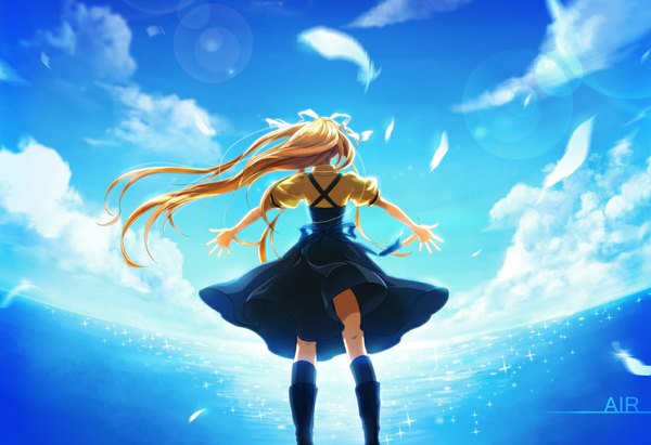 Anime picture 1167x800 with air key (studio) kamio misuzu momopanda single blonde hair standing sky ponytail very long hair wind from behind outstretched arm girl dress bow sea feather (feathers)