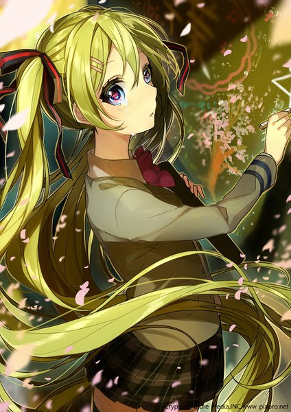 Anime picture 827x1170 with vocaloid hatsune miku sogawa single tall image fringe blue eyes hair between eyes holding green eyes looking away very long hair parted lips profile wind alternate costume tears watermark plaid skirt ai ai gasa