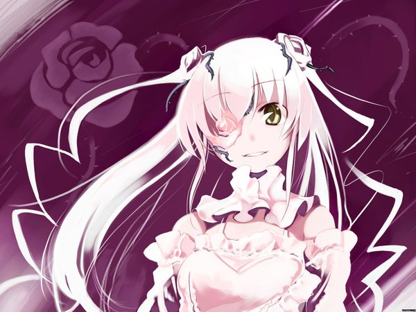 Anime picture 1600x1200 with rozen maiden kirakishou barasuishou ushiki yoshitaka single long hair looking at viewer smile yellow eyes white hair two side up wallpaper watermark purple background girl flower (flowers) rose (roses) eyepatch white rose