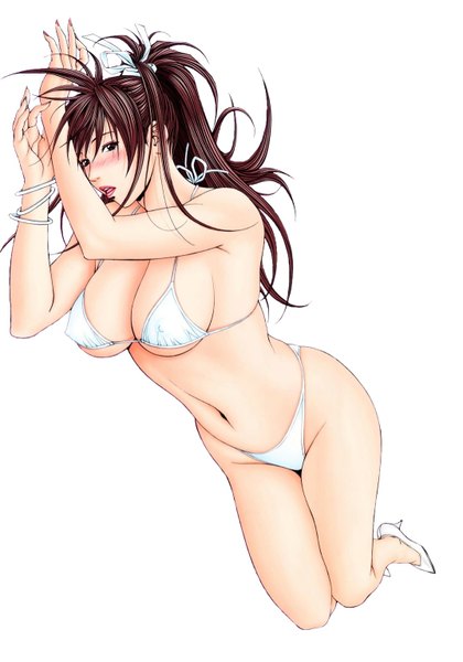 Anime picture 1073x1532 with g-taste shihoudou yuki yagami hiroki (artist) single tall image blush breasts open mouth light erotic simple background brown hair large breasts white background ponytail girl navel bow swimsuit hair bow bikini