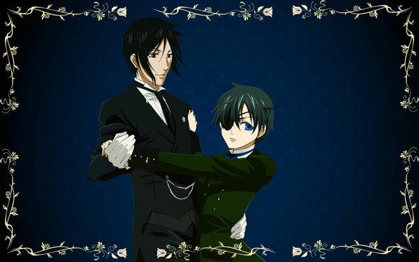 Anime picture 1600x1000 with kuroshitsuji a-1 pictures sebastian michaelis ciel phantomhive looking at viewer short hair blue eyes black hair red eyes wide image multiple boys holding hands dancing butler boy gloves necktie 2 boys eyepatch suit