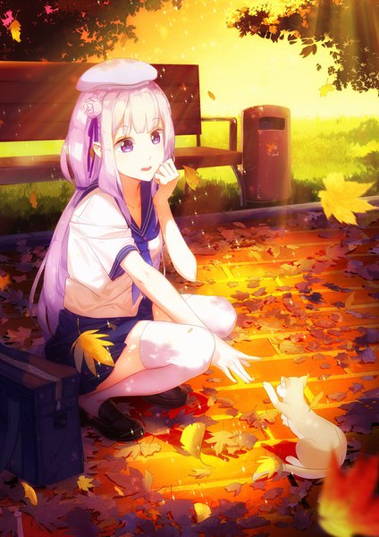 Anime picture 750x1060 with re:zero kara hajimeru isekai seikatsu white fox emilia (re:zero) puck (re:zero) yimn-fletcher single long hair tall image fringe open mouth purple eyes silver hair full body bent knee (knees) outdoors blunt bangs braid (braids) hair flower pointy ears alternate costume