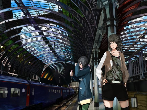 Anime picture 1600x1200 with original ikura wataru black hair multiple girls girl 2 girls train train station railways