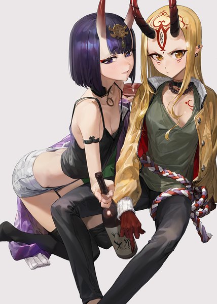 Anime picture 1200x1683 with fate (series) fate/grand order shuten douji (fate) ibaraki douji (fate) modare long hair tall image looking at viewer blush fringe short hair breasts open mouth light erotic simple background blonde hair white background sitting purple eyes bare shoulders
