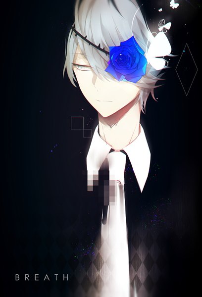 Anime picture 544x800 with original zxs1103 single tall image short hair simple background looking away upper body grey hair inscription grey eyes black background flower over eye boy flower (flowers) necktie bowtie rose (roses) blue rose
