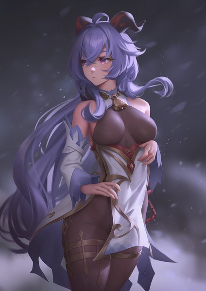 Anime picture 954x1350 with genshin impact ganyu (genshin impact) stormstx single long hair tall image fringe breasts light erotic hair between eyes large breasts standing purple eyes bare shoulders signed blue hair looking away ahoge horn (horns) wind