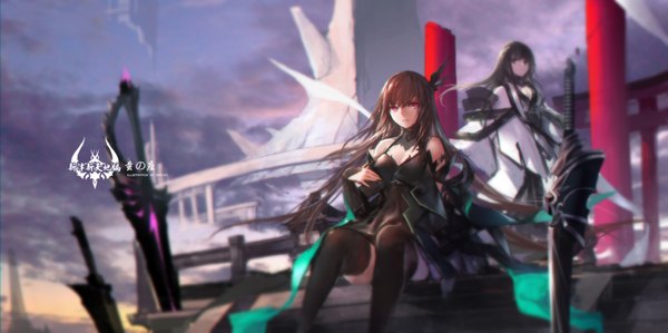 Anime picture 1701x850 with original pixiv fantasia pixiv fantasia t swd3e2 long hair looking at viewer highres black hair red eyes wide image sitting bare shoulders multiple girls cloud (clouds) girl thighhighs dress hair ornament weapon black thighhighs