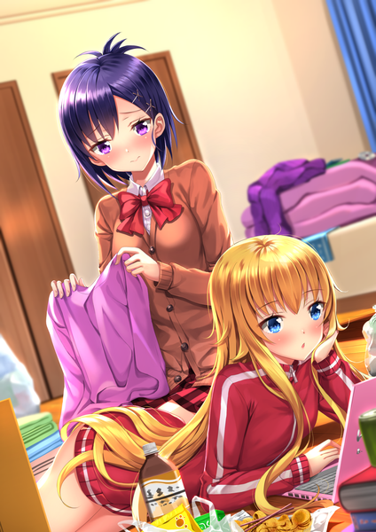 Anime picture 1102x1560 with gabriel dropout doga kobo tenma gabriel white tsukinose vignette april swordsouls long hair tall image blush short hair breasts blue eyes light erotic blonde hair purple eyes multiple girls looking away purple hair indoors parted lips pleated skirt