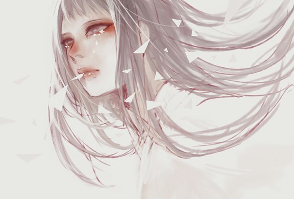 Anime picture 1000x676 with original totsu hon (artist) single long hair simple background grey hair grey eyes mouth hold face eyeshadow crying girl