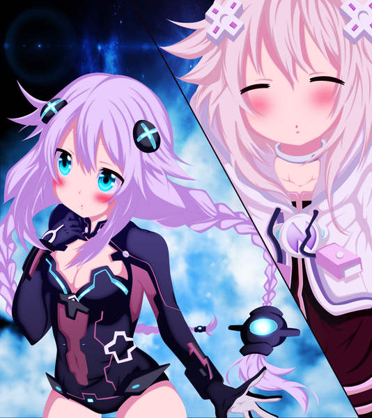 Anime picture 3208x3600 with choujigen game neptune neptune (choujigen game neptune) purple heart dartroberth long hair tall image blush highres blue eyes multiple girls pink hair absurdres purple hair braid (braids) eyes closed night :o night sky twin braids coloring