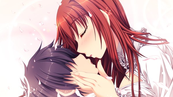 Anime picture 1280x720 with dekakute ecchi na ore no ane black hair wide image game cg red hair eyes closed couple almost kiss girl boy petals