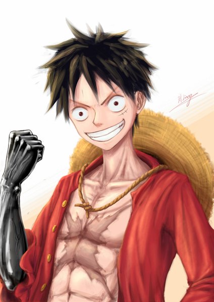 Anime picture 679x960 with one piece toei animation monkey d. luffy liang jian single tall image looking at viewer fringe short hair black hair simple background smile hair between eyes red eyes white background signed upper body open clothes grin scar