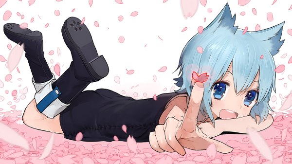 Anime picture 1200x675 with yozakura quartet nanami ao wada arco single looking at viewer fringe short hair open mouth blue eyes hair between eyes wide image animal ears blue hair full body bent knee (knees) lying cat ears soles on stomach girl
