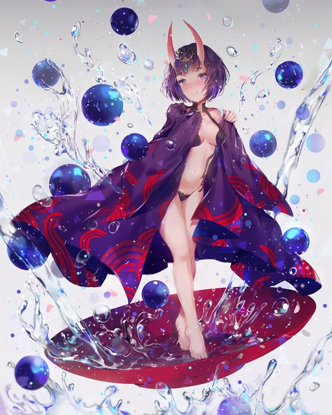 Anime picture 900x1125 with fate (series) fate/grand order shuten douji (fate) dangmill single tall image blush short hair light erotic smile purple eyes looking away purple hair full body barefoot horn (horns) grey background oni girl hair ornament