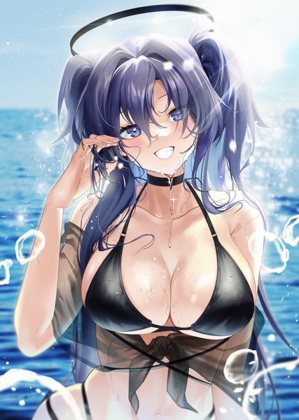 Anime picture 2705x3805 with blue archive yuuka (blue archive) daehoak single long hair tall image looking at viewer blush fringe highres breasts blue eyes light erotic smile hair between eyes large breasts twintails payot blue hair sky