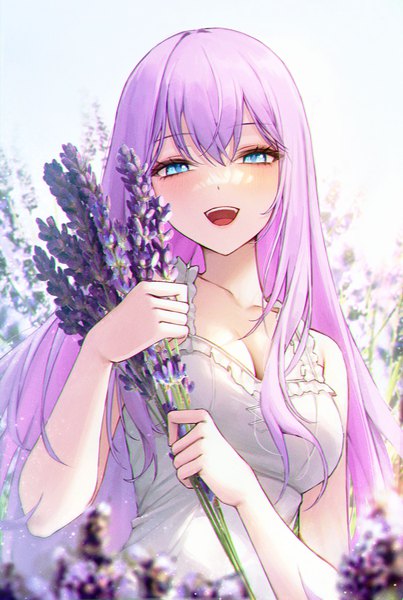 Anime picture 2000x2974 with original ame 816 single long hair tall image looking at viewer blush fringe highres breasts open mouth smile hair between eyes holding cleavage purple hair upper body head tilt :d aqua eyes
