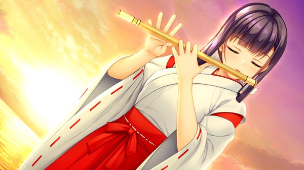 Anime picture 1280x720 with natural vacation hibiki works fujisaki haruka asami asami single long hair fringe black hair wide image game cg sky outdoors blunt bangs eyes closed traditional clothes japanese clothes evening sunset miko playing instrument
