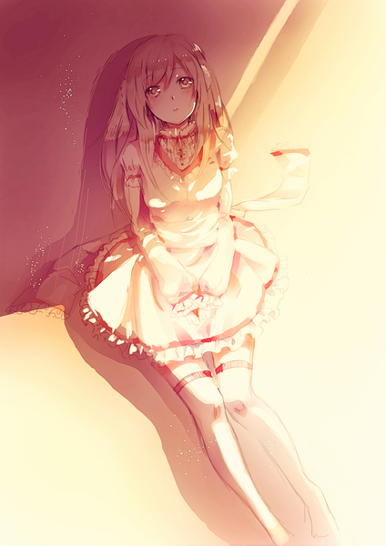 Anime picture 1500x2121 with original pudding (8008208820) single long hair tall image looking at viewer blush sitting yellow eyes silver hair sunlight girl thighhighs white thighhighs frills