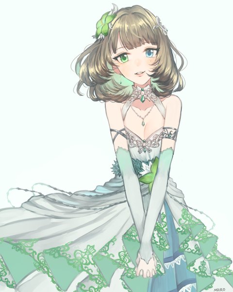 Anime picture 2000x2500 with idolmaster idolmaster cinderella girls takagaki kaede mairo (ilo) single tall image looking at viewer blush highres short hair simple background brown hair bare shoulders signed cleavage blunt bangs parted lips mole mole under eye heterochromia