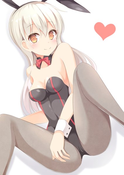 Anime picture 1302x1842 with original aibumi single long hair tall image blush fringe breasts light erotic simple background smile white background bare shoulders animal ears white hair lying head tilt shadow on back bunny ears