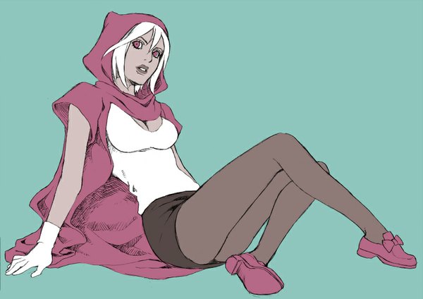 Anime picture 800x566 with jojo no kimyou na bouken mariah chounorin single looking at viewer short hair simple background sitting cleavage white hair parted lips pink eyes arm support crossed legs aqua background girl gloves pantyhose white gloves cape